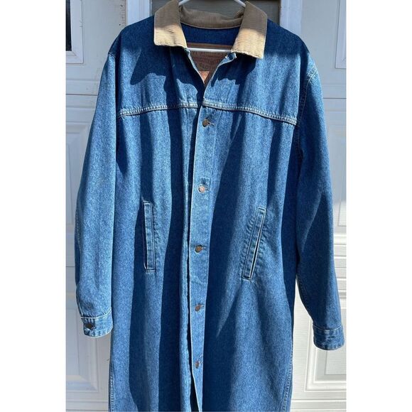 Vtg Levi’s Mens Levis XL Blue Denim Jean Long Duster Horseman Chore Coat Corduro - Picture 5 of 16